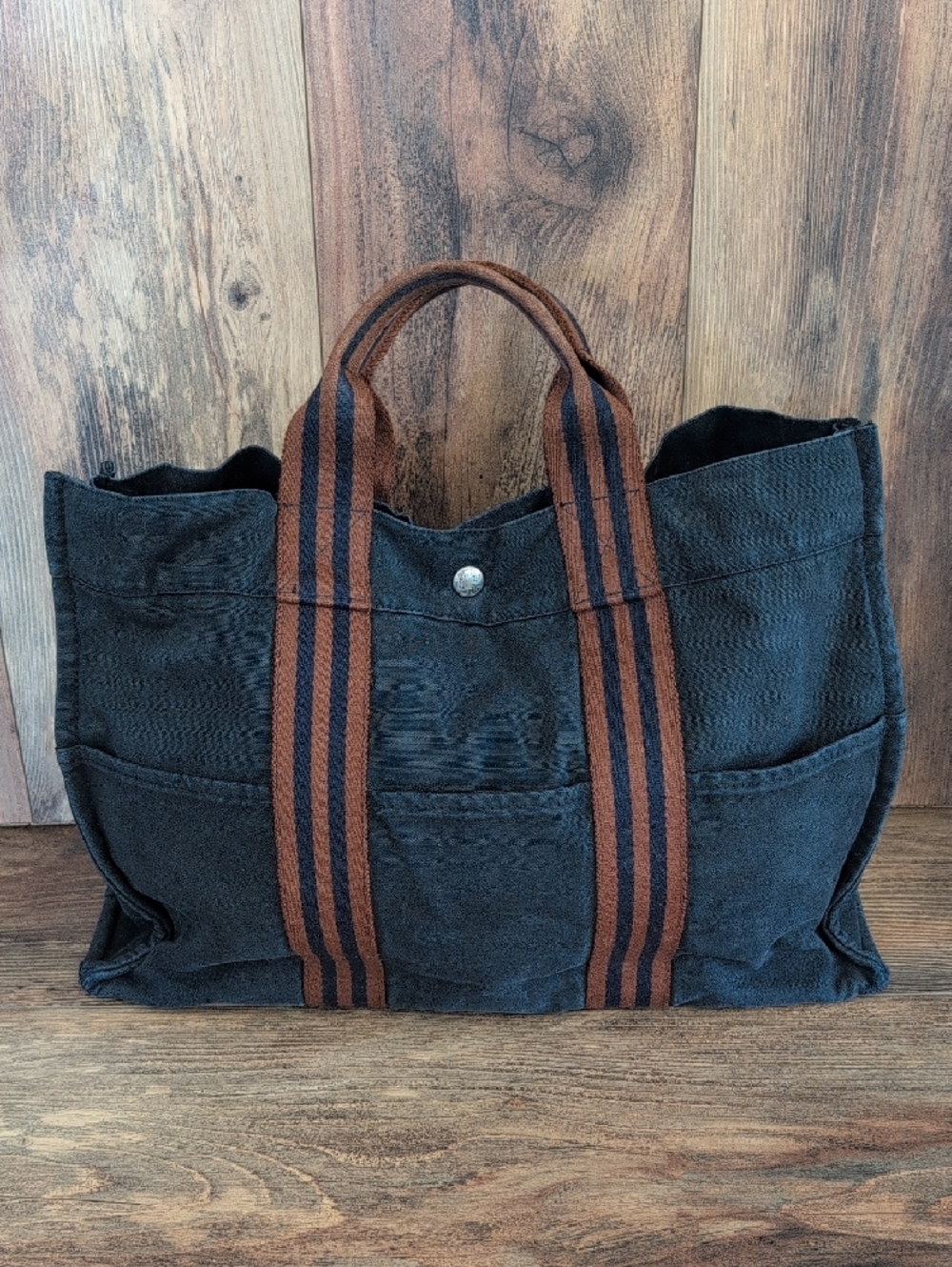 Hermes Vintage Fourre Tout Navy/Brown Distressed Canvas Tote - Picture 3 of 17